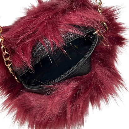 Mahogany Mini Rounded Faux Fur Bag With Cross Body Chain