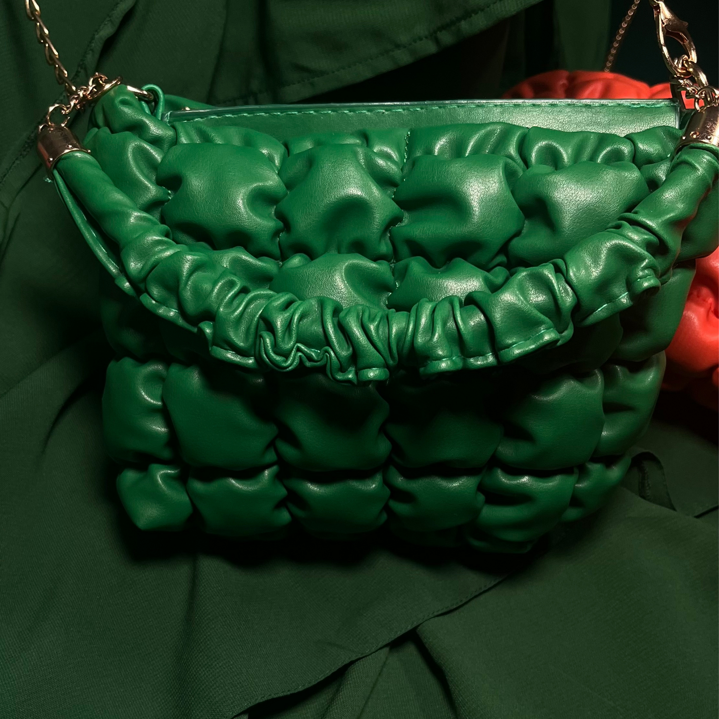 Green Quilted Leather Bag With Cross Body Chain