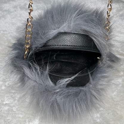 Grey Mini Rounded faux Fur Bag With Cross Body Chain