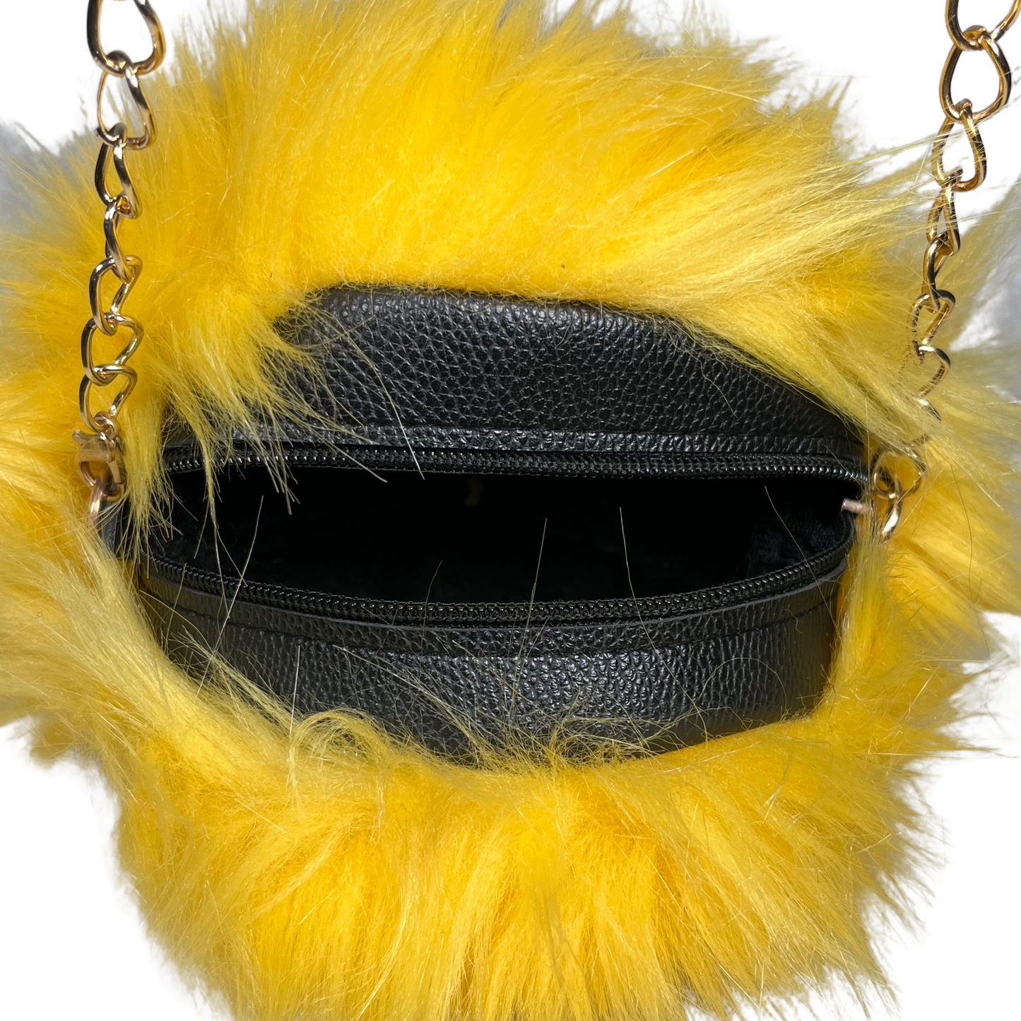 Yellow Mini Rounded Faux Fur Bag With Cross Body Chain