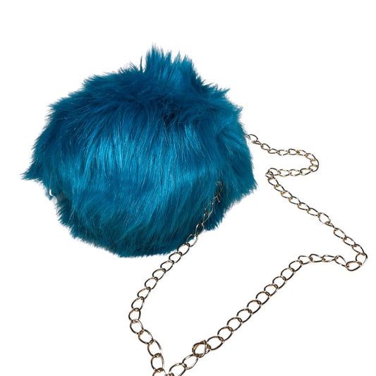 Aqua Small Rounded Faux Fur Bag With Cross Body Chain - Mary’s Twist Make a statement with our aqua small rounded faux fur bag. The soft and luxurious faux fur material adds a touch of sophistication to any outfit, while the mini round design and cross body gold chain provide a trendy and convenient way to carry your essentials.