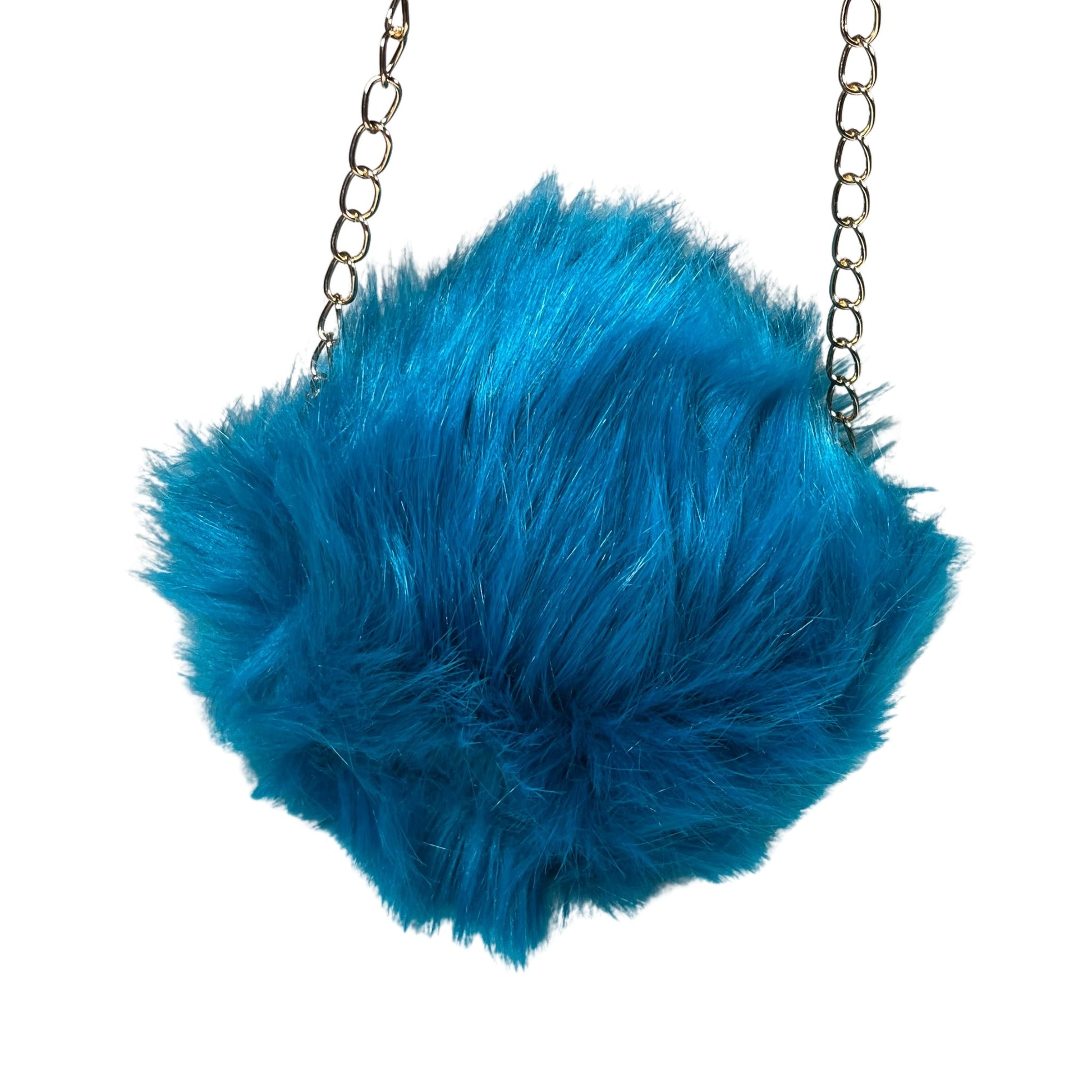 Aqua Small Rounded Faux Fur Bag With Cross Body Chain - Mary’s Twist Make a statement with our aqua small rounded faux fur bag. The soft and luxurious faux fur material adds a touch of sophistication to any outfit, while the mini round design and cross body gold chain provide a trendy and convenient way to carry your essentials.