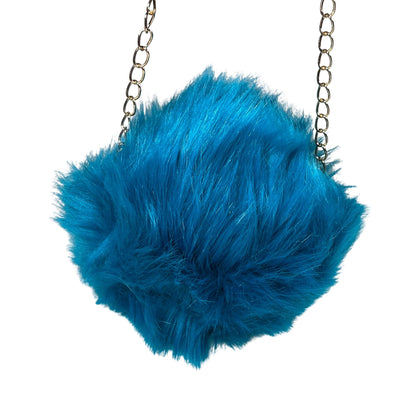 Aqua Small Rounded Faux Fur Bag With Cross Body Chain - Mary’s Twist Make a statement with our aqua small rounded faux fur bag. The soft and luxurious faux fur material adds a touch of sophistication to any outfit, while the mini round design and cross body gold chain provide a trendy and convenient way to carry your essentials.